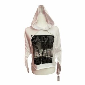 Calvin Klein Hoodie Rhinestone Logo Cropped Graphic‎ Raw Hem Black White Size S